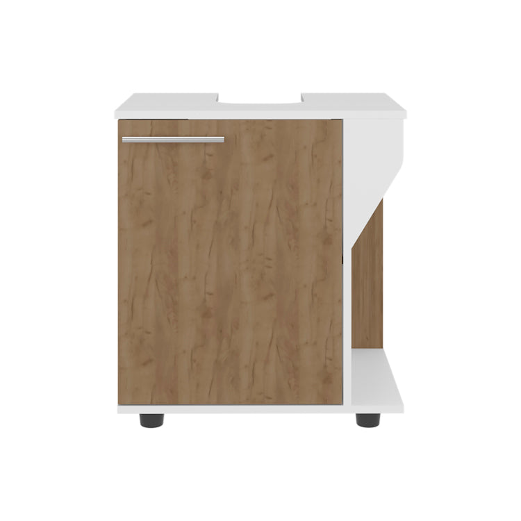As Crz Under Sink Storage Cabinet For Pedestal Sink, Compact Bathroom Organizer With Side Compartment, White And Natural Oak
