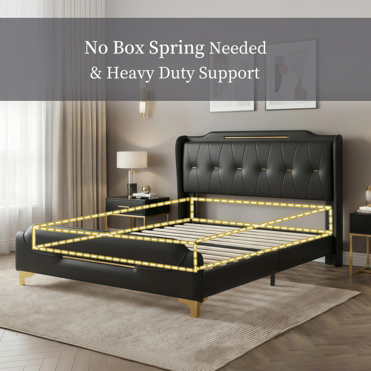 Modern Upholstered Bed Frame, Queen Size Platform Bed With Wingback Headboard, Pu Leather Upholstery, No Box Spring Needed, Noise Free, Easy Assembly, Heavy Duty Bed Frame For Bedroom,Black