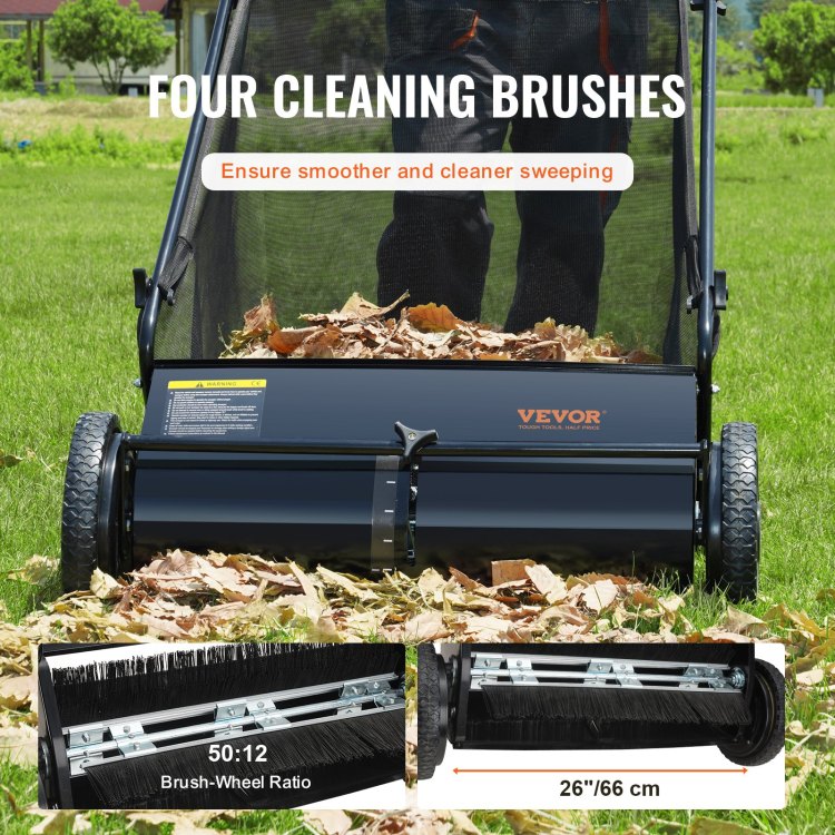 Push Lawn Sweeper, 26 Inch Leaf & Grass Collector, Strong Rubber Wheels & Heavy Duty Thickened Steel Durable To Use With Large Capacity 7 Ft Mesh Collection Bag, 4 Spinning Brushes