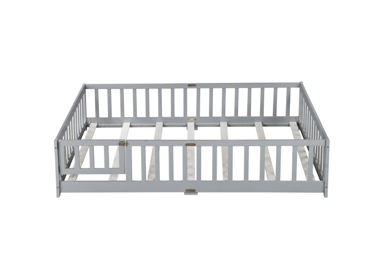 Full Size Floor Bed With Fence And Door,Rubber Wood Floor Bed With Safety Guardrails,Grey
