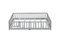 Full Size Floor Bed With Fence And Door,Rubber Wood Floor Bed With Safety Guardrails,Grey
