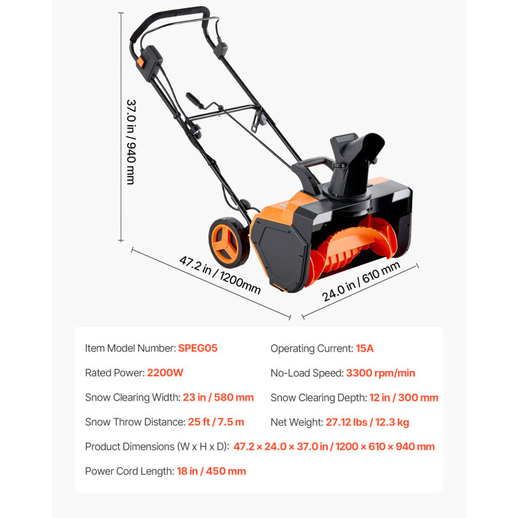 Electric Snow Blower, 23 Inch 15A Corded Snow Thrower With Dual Led Headlights & 180 Rotating Chute, 25Ft Throwing Distance, 12" Depth Clearing, Walk Behind Snowblower For Driveway Sidewalk
