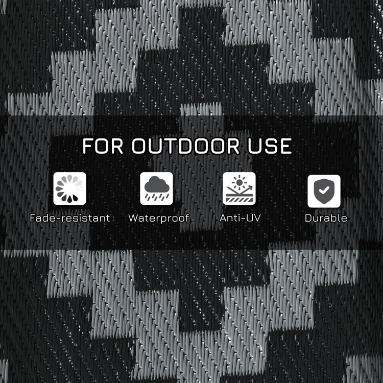 Outsunny Reversible Outdoor Rug, 9' X 18' Waterproof Plastic Straw Floor Mat, Portable Rv Camping Carpet With Carry Bag, Large Floor Mat For Backyard, Deck, Picnic, Beach, Black & Gray Geometric