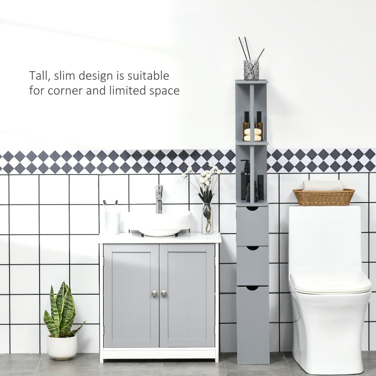 Homcom 54" Tall Bathroom Storage Cabinet, Freestanding Linen Tower With 2 Tier Shelf And Drawers, Narrow Side Floor Organizer, Grey