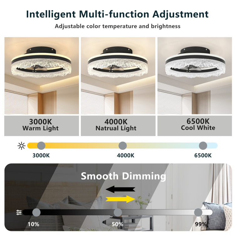 16" Quiet With Light Led Crystal Flush Mount Fan Lamp With Hidden Blades And Natural Airflow, Perfect For Bedroom, Kids Room, Study Room