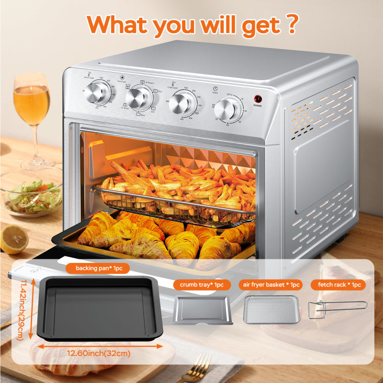 Plum Chef Air Fryer Oven 27.5Qt, 6 In 1 Countertop Oven, Air Fry, Bake, Broil, Toast, Warm, Dehydrate, 4 Knob Control, 1600W, Family Size, Silver