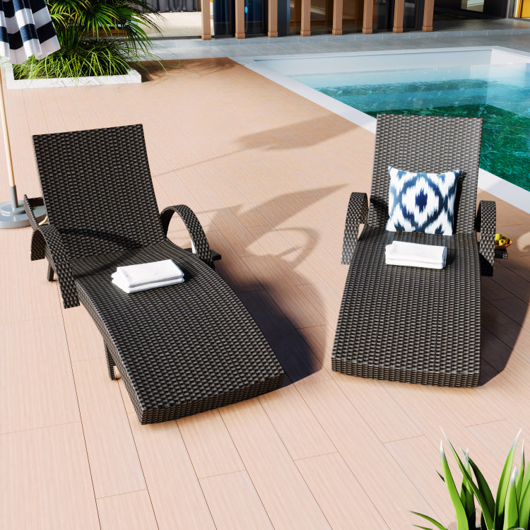 K&K 80'' Outdoor Wicker Chaise Lounge Chairs Set Of 2, Patio Rattan Reclining Chair Pull Out Side Table W 5 Level Adjustable Backrest Ergonomic Wave Design Pool Sunbathing Recliners, Black