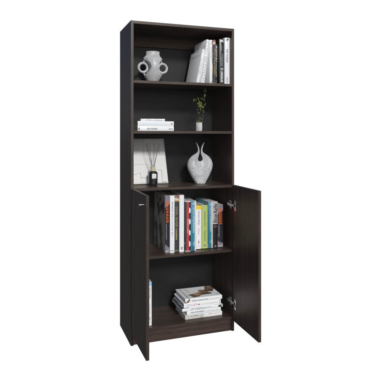 Home 2 Door Bookcase Cronos, 2 Open Shelves And Concealed Storage, Stained Walnut