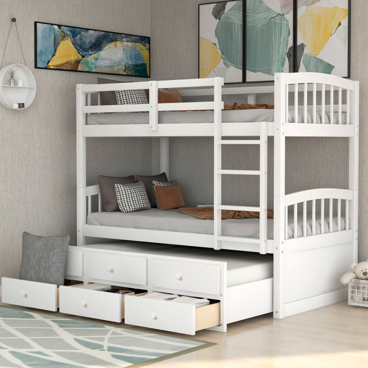 Twin Bunk Bed With Ladder, Safety Rail, Twin Trundle Bed With 3 Drawers For Teens Bedroom, Guest Room Furniture White Old Sku :Lp000071Aak