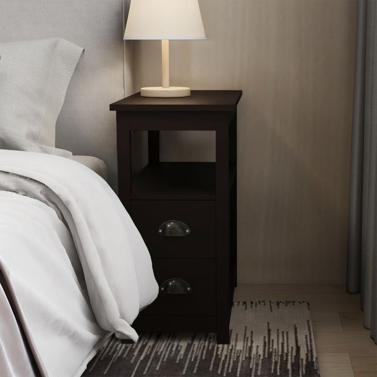 End Table Narrow Nightstand With Two Drawers And Open Shelf Brown