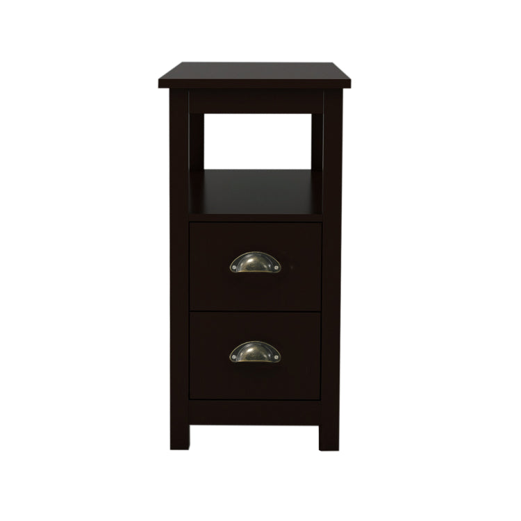 End Table Narrow Nightstand With Two Drawers And Open Shelf Brown