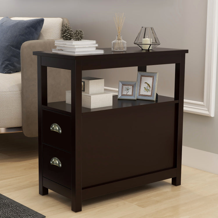 End Table Narrow Nightstand With Two Drawers And Open Shelf Brown