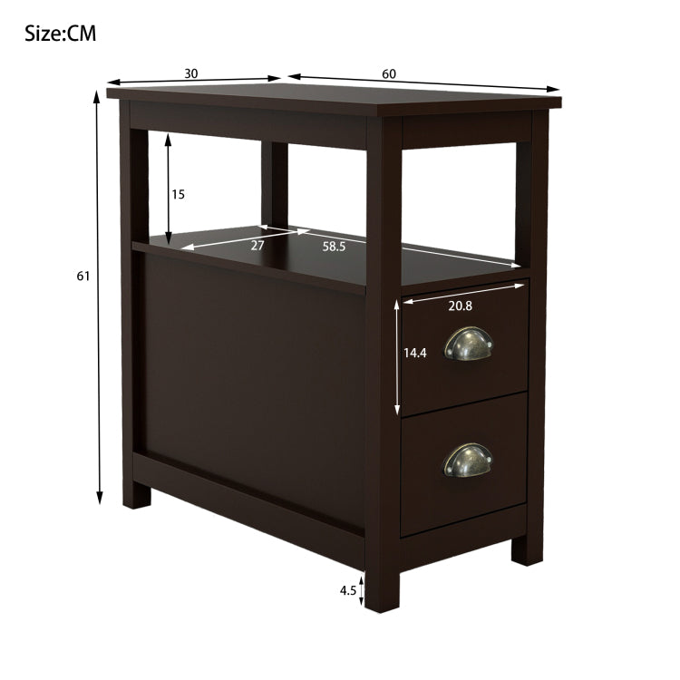 End Table Narrow Nightstand With Two Drawers And Open Shelf Brown
