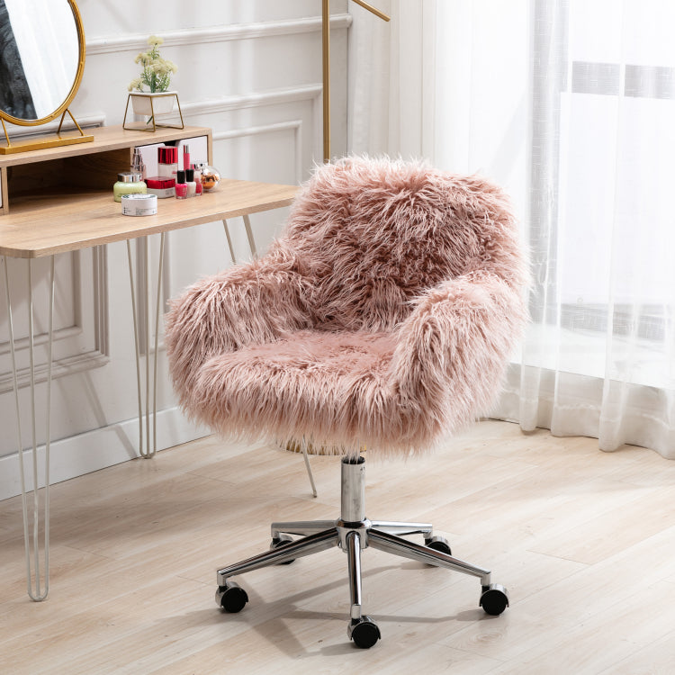 Hengming Modern Faux Fur Home Office Chair, Fluffy Chair For Girls, Makeup Vanity Chair