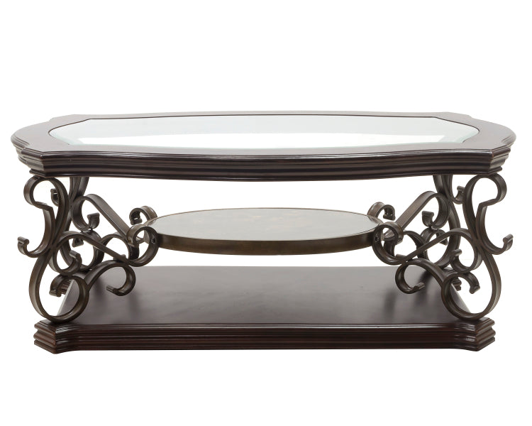Cocktail Table, Glass Table Top, Mdf W Marble Paper Middle Shelf, Powder Coat Finish Metal Legs. 52"Lx32"Wx20.3"H