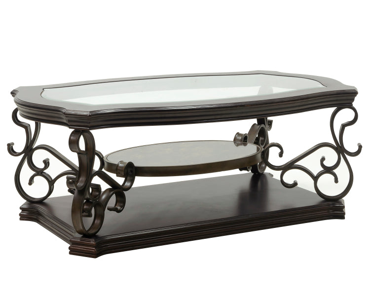 Cocktail Table, Glass Table Top, Mdf W Marble Paper Middle Shelf, Powder Coat Finish Metal Legs. 52"Lx32"Wx20.3"H