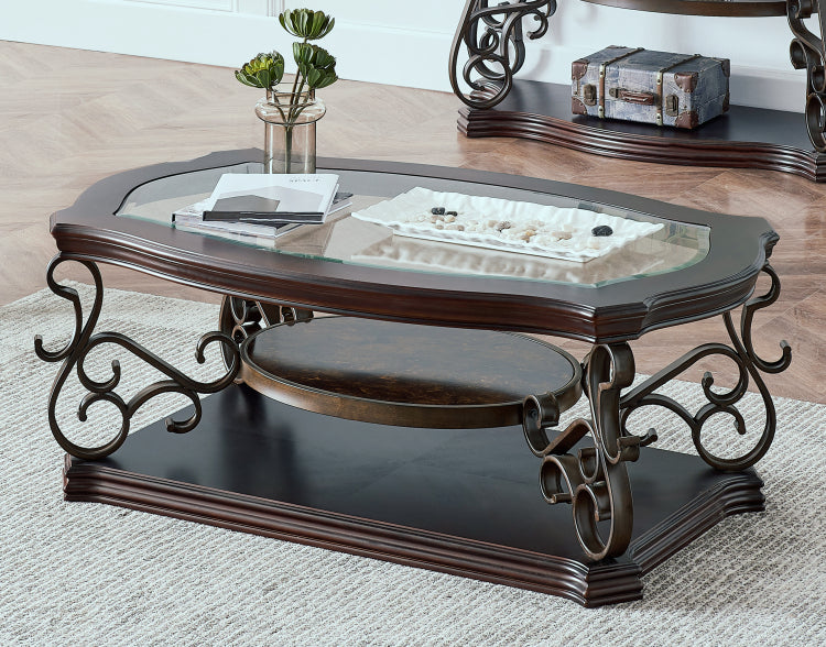 Cocktail Table, Glass Table Top, Mdf W Marble Paper Middle Shelf, Powder Coat Finish Metal Legs. 52"Lx32"Wx20.3"H