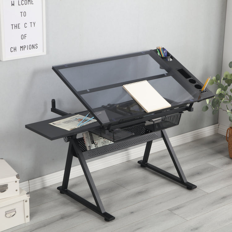 Drafting Table, 0 75 Adjustable Glass Top Artist Table Height Adjustable Drafting Desk With Large Storage For Painting & Crafting Ideal For Designers And Art Students Black