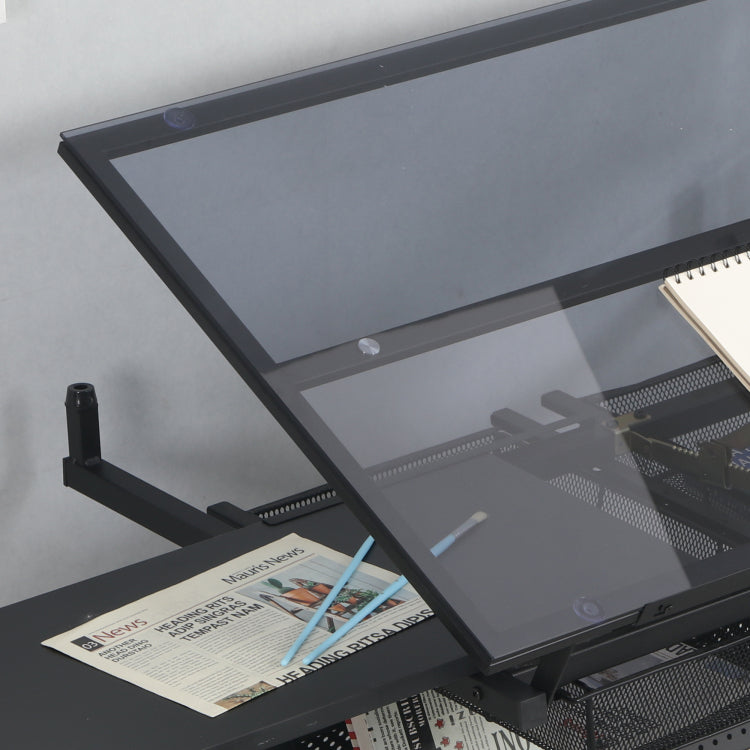 Hand Crank Adjustable Tempered Glass Drafting Drawing And Printing Table With Chair And Storage Space For Living Room, Study, Bedroom