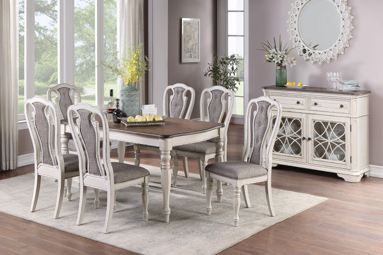 Transitional Style 7Pc Dining Set Dining Table W Oak Top 6Xside Chairs Cushion Seat Antique White Kitchen Dining Room