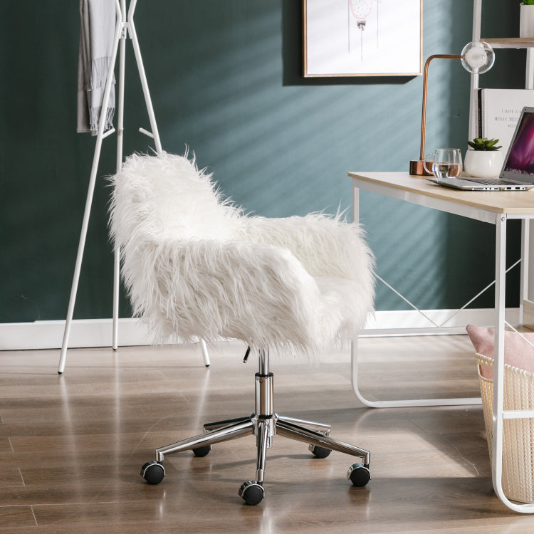 Hengming Modern Faux Fur Home Office Chair, Fluffy Chair For Girls, Makeup Vanity Chair
