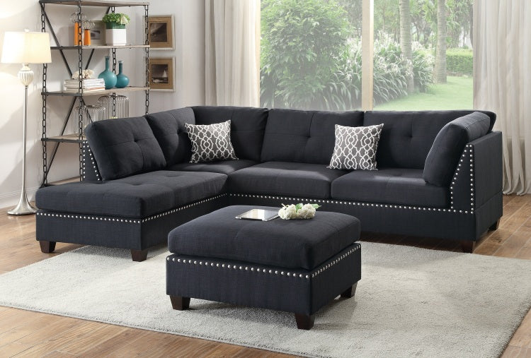 3 Pcs Sectional Sofa Black Polyfiber Cushion Sofa Chaise Ottoman Reversible Couch Pillows