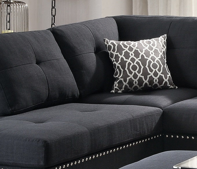 3 Pcs Sectional Sofa Black Polyfiber Cushion Sofa Chaise Ottoman Reversible Couch Pillows