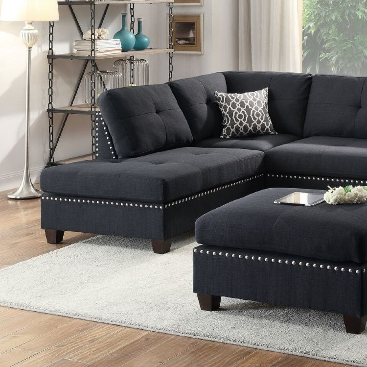 3 Pcs Sectional Sofa Black Polyfiber Cushion Sofa Chaise Ottoman Reversible Couch Pillows