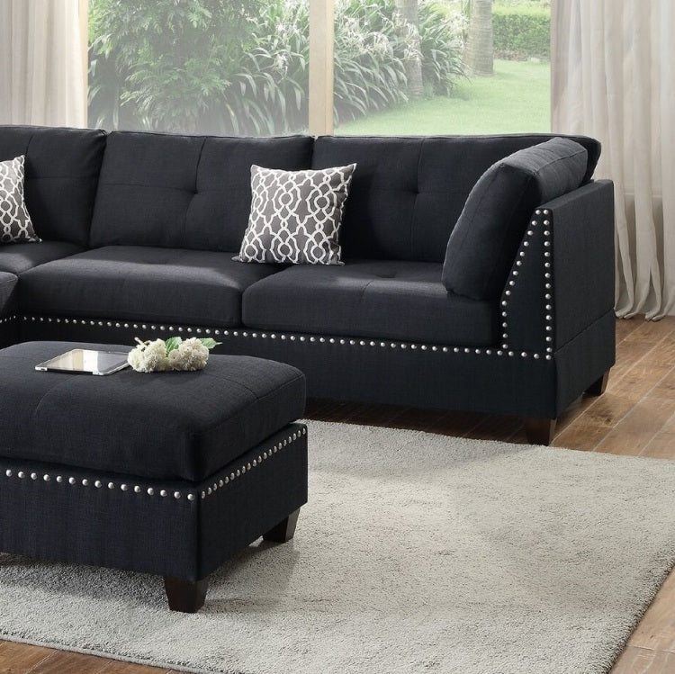 3 Pcs Sectional Sofa Black Polyfiber Cushion Sofa Chaise Ottoman Reversible Couch Pillows