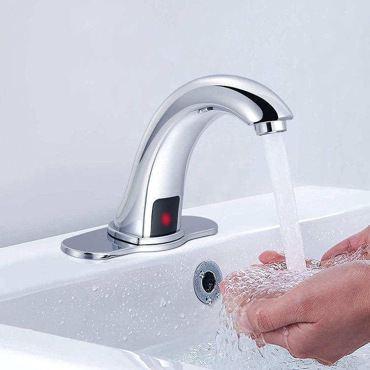 Automatic Sensor Touchless Bathroom Sink Faucet With Deck Plate, Chrome Vanity Faucets, Hands Free Bathroom Water Tap With Cold And Hot Water Mixer