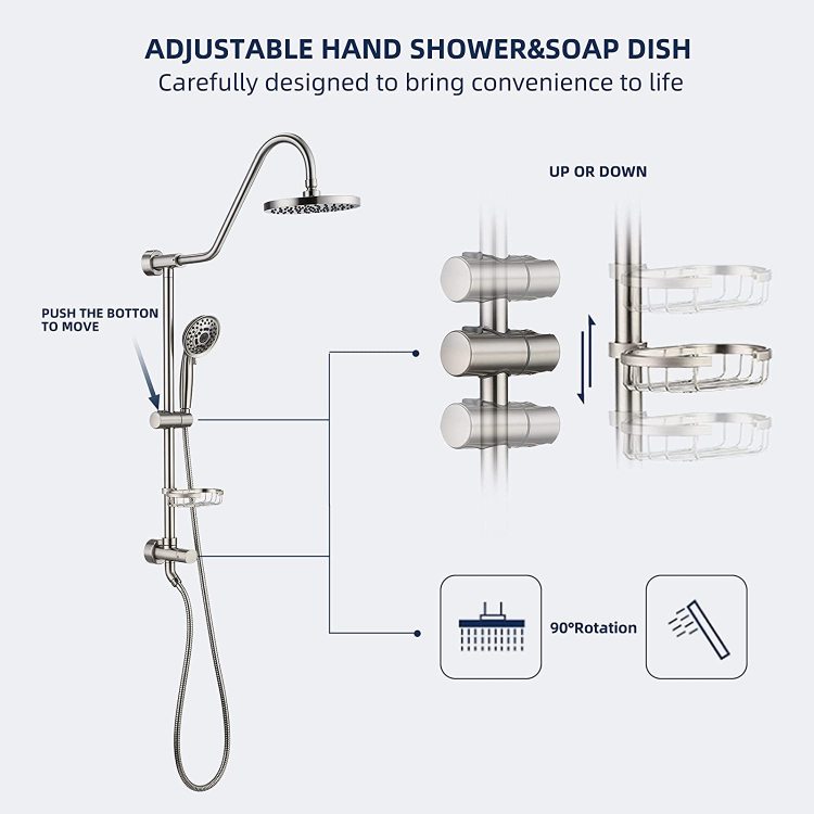 Shower System With Rain Showerhead, 5 Function Hand Shower, Adjustable Slide Bar And Soap Dish For Bathroom Shower Faucet Set, Brushed Nickel Finish
