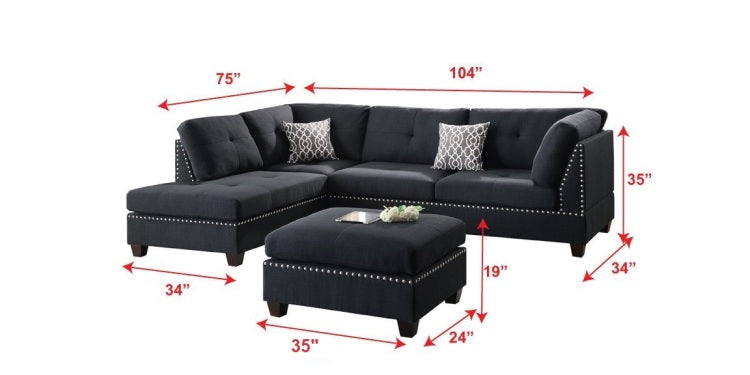 3 Pcs Sectional Sofa Black Polyfiber Cushion Sofa Chaise Ottoman Reversible Couch Pillows