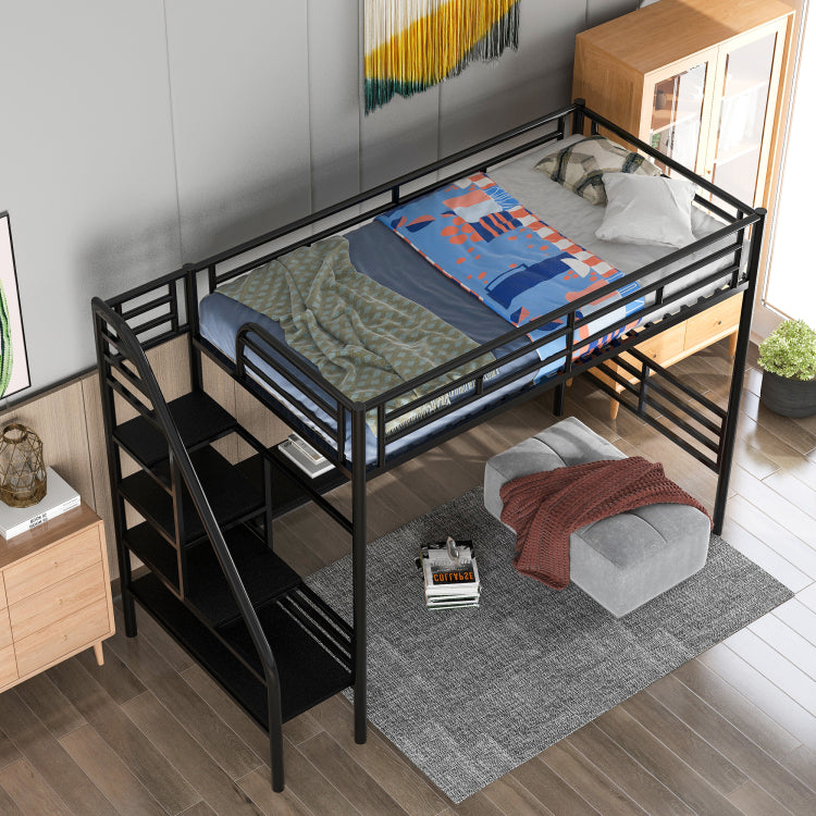Metal Loft Bed Frame With Desk, No Box Spring Needed,Twin ,Black