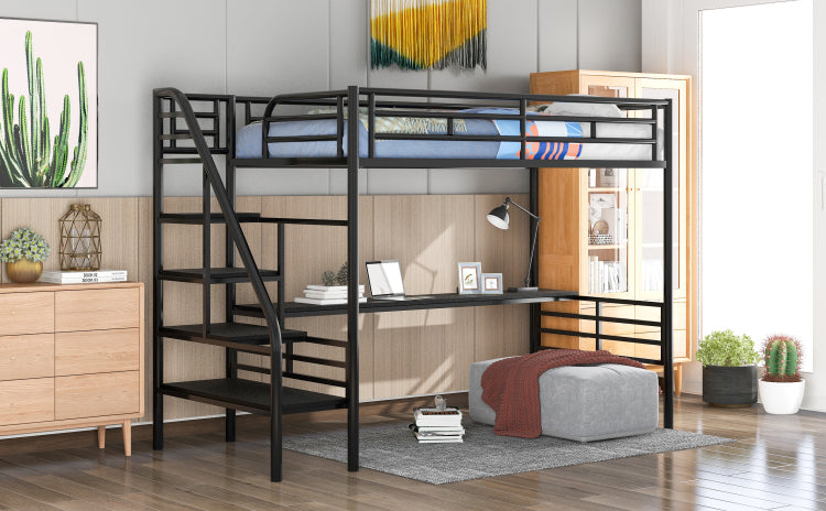 Metal Loft Bed Frame With Desk, No Box Spring Needed,Twin ,Black