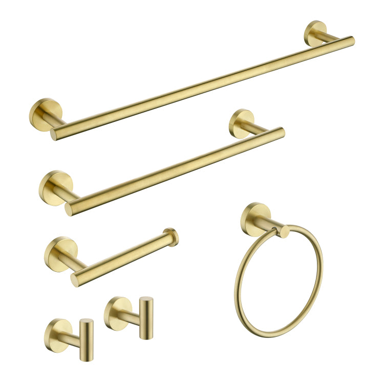 6 Pieces Brushed Gold Bathroom Hardware Set Sus304 Stainless Steel Round Wall Mounted Includes Hand Towel Bar,Toilet Paper Holder,Robe Towel Hooks,Bathroom Accessories Kit