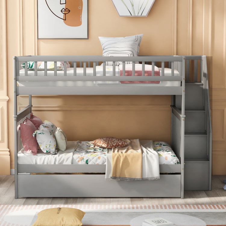 Full Over Full Bunk Bed With Trundle And Staircase,Gray