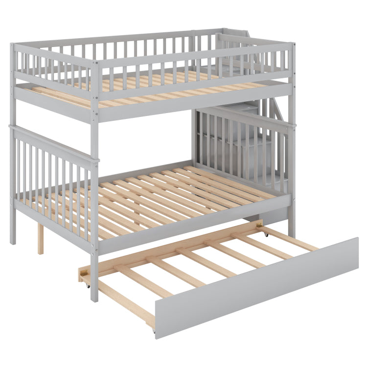 Full Over Full Bunk Bed With Trundle And Staircase,Gray