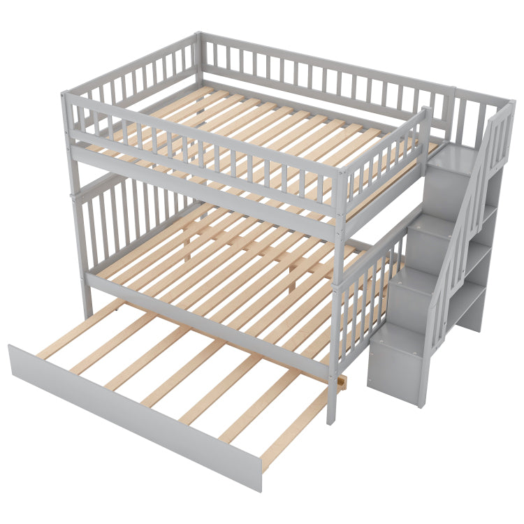 Full Over Full Bunk Bed With Trundle And Staircase,Gray