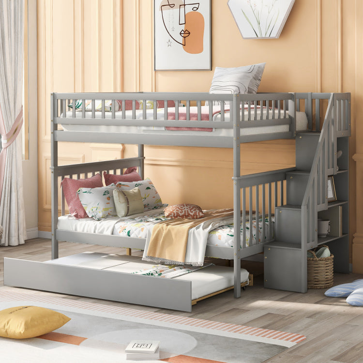 Full Over Full Bunk Bed With Trundle And Staircase,Gray