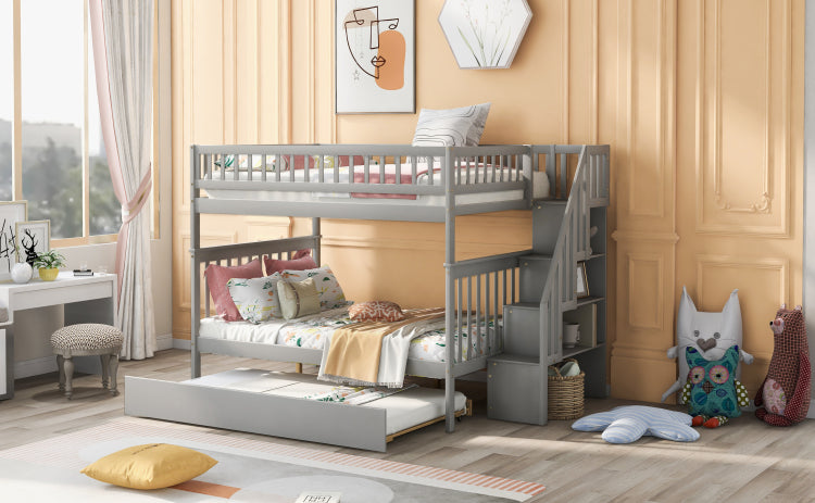 Full Over Full Bunk Bed With Trundle And Staircase,Gray
