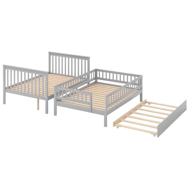Full Over Full Bunk Bed With Trundle And Staircase,Gray