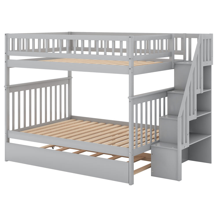 Full Over Full Bunk Bed With Trundle And Staircase,Gray