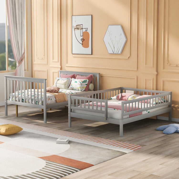 Full Over Full Bunk Bed With Trundle And Staircase,Gray