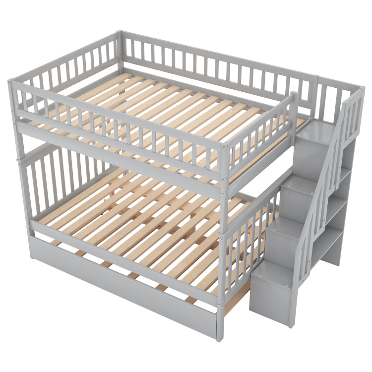 Full Over Full Bunk Bed With Trundle And Staircase,Gray