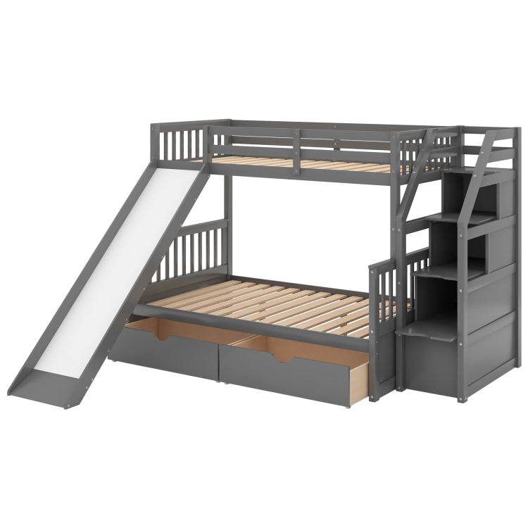 Twin Over Full Bunk Bed With Drawers,Storage And Slide, Multifunction, Gray