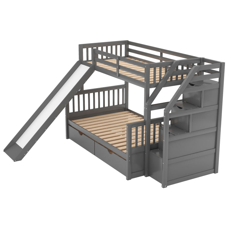Twin Over Full Bunk Bed With Drawers,Storage And Slide, Multifunction, Gray