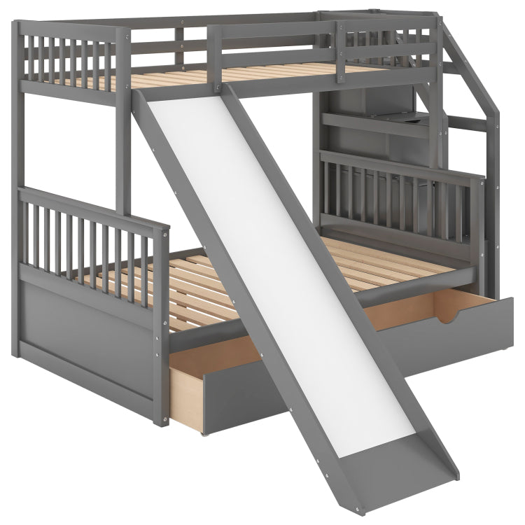 Twin Over Full Bunk Bed With Drawers,Storage And Slide, Multifunction, Gray