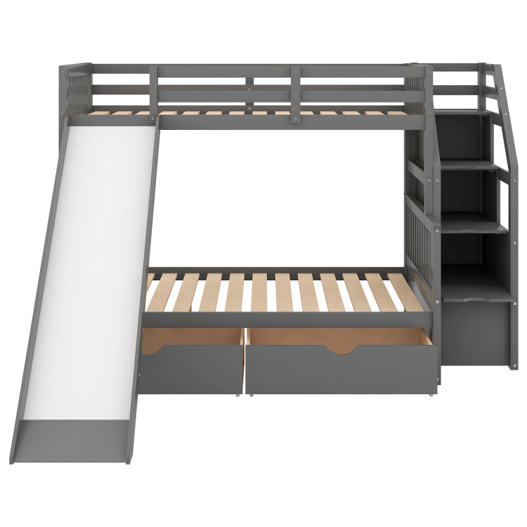 Twin Over Full Bunk Bed With Drawers,Storage And Slide, Multifunction, Gray
