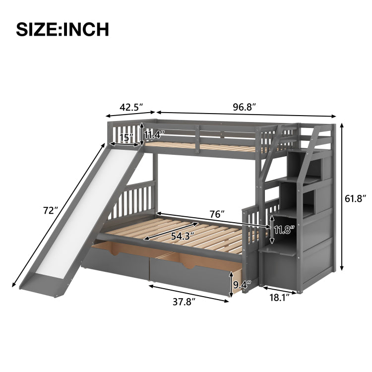 Twin Over Full Bunk Bed With Drawers,Storage And Slide, Multifunction, Gray