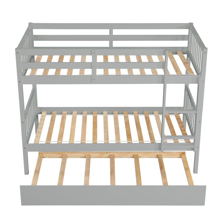 Twin Over Twin Rubber Wood Bunk Bed With Trundle, Convertible Into Twin Size Beds, Twin Size Bunk Bed With Ladder And Safety Guardrails,Grey